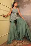 Buy_Jigya Japra_Green Chanderi Sequins, Embroidery, Mirrors Round Neck Sage Kurta Sharara Set 