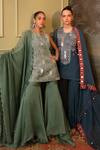 Shop_Jigya Japra_Green Chanderi Sequins, Embroidery, Mirrors Round Neck Sage Kurta Sharara Set 