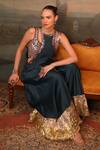 Jigya Japra_Blue Chanderi Silk Beads, Embroidery Round Neck Metal Jumpsuit Set _Online_at_Aza_Fashions