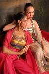 Shop_Jigya Japra_Magenta Organza Embroidery, Beads Round Neck Cape Set 