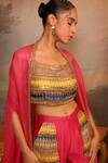 Jigya Japra_Magenta Organza Embroidery, Beads Round Neck Cape Set _Online