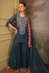 Shop_Jigya Japra_Blue Chanderi Mirrors, Embroidery, Sequins Round Peacock Kurta Sharara Set _at_Aza_Fashions