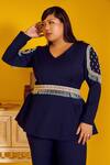 Mamicha_Navy Crepe Beads V-neck Blue Cipher Peplum Top And Pant Set _at_Aza_Fashions