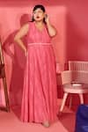 Buy_Mamicha_Pink Georgette V-neck Cobweb Dress _at_Aza_Fashions