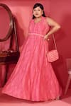 Mamicha_Pink Georgette V-neck Cobweb Dress _Online_at_Aza_Fashions