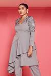 Shop_Mamicha_Gray Crepe Embroidery V-neck Designer Mirage Co-ord Set _Online_at_Aza_Fashions