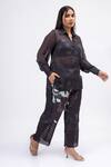 Mamicha_Black Satin, Crepe Sequins Scoop Neck, Collared Mystic Dusk Co-ord Set _at_Aza_Fashions