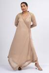 Buy_Mamicha_Beige Georgette Beads, Embroidery V-neck Mystique Meadow Angarakha Set _at_Aza_Fashions
