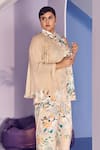 Mamicha_Beige Satin, Crepe Cape Co-ord Set _at_Aza_Fashions