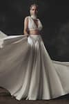 Shop_Nikhil Thampi_White Voile Pearls, Embroidery V-neck 3d Flower Lehenga Set _at_Aza_Fashions
