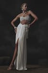 Buy_Nikhil Thampi_White Crepe Beads Open Neck Draped Skirt And Blouse Set _at_Aza_Fashions