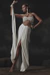 Shop_Nikhil Thampi_White Crepe Beads Open Neck Draped Skirt And Blouse Set _at_Aza_Fashions