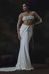 Shop_Nikhil Thampi_White Net Embroidery Round Neck 3d Flower Draped Skirt And Blouse _at_Aza_Fashions