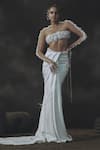 Buy_Nikhil Thampi_White Net Embroidery Round Neck 3d Flower Draped Skirt And Blouse _at_Aza_Fashions