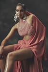 Nikhil Thampi_Pink Georgette Beads Halter Neck Pant Saree Set _Online_at_Aza_Fashions