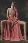 Buy_Nikhil Thampi_Pink Georgette Beads Halter Neck Pant Saree Set _Online_at_Aza_Fashions