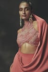 Shop_Nikhil Thampi_Pink Georgette Beads Halter Neck Pant Saree Set _Online_at_Aza_Fashions