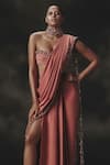 Nikhil Thampi_Pink Beads Sweetheart Neck Designer Pre-draped Saree With Blouse _Online_at_Aza_Fashions