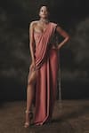Buy_Nikhil Thampi_Pink Beads Sweetheart Neck Designer Pre-draped Saree With Blouse _at_Aza_Fashions