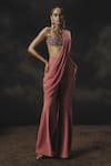 Buy_Nikhil Thampi_Pink Beads Scoop Neck Holographic Pant Saree Set _at_Aza_Fashions