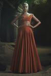 Buy_Nikhil Thampi_Rust Voile Beads Asymmetric Godet Lehenga Set _at_Aza_Fashions