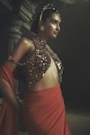 Nikhil Thampi_Rust Voile Beads Plunge Neck Pre-draped Saree With Blouse _Online_at_Aza_Fashions