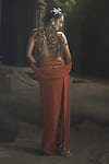 Shop_Nikhil Thampi_Rust Voile Beads Plunge Neck Pre-draped Saree With Blouse _at_Aza_Fashions