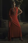 Buy_Nikhil Thampi_Rust Beads Round Neck Metallic Embroidered Kaftan _at_Aza_Fashions