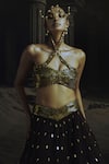 Buy_Nikhil Thampi_Brown Beads Halter Neck Cocoa Lehenga Set _Online_at_Aza_Fashions