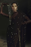 Nikhil Thampi_Brown Embroidery, Fringe, Beads Round Neck Cocoa Pre-draped Saree Set _Online_at_Aza_Fashions