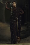Buy_Nikhil Thampi_Brown Embroidery, Fringe, Beads Round Neck Cocoa Pre-draped Saree Set _at_Aza_Fashions
