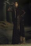 Shop_Nikhil Thampi_Brown Embroidery, Fringe, Beads Round Neck Cocoa Pre-draped Saree Set _at_Aza_Fashions