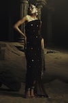 Buy_Nikhil Thampi_Brown Net Beads Asymmetric Cocoa Gold Embroidered Kaftan Set _at_Aza_Fashions