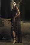 Nikhil Thampi_Brown Net Beads Asymmetric Cocoa Gold Embroidered Kaftan Set _at_Aza_Fashions