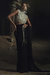 Buy_Nikhil Thampi_Black Georgette Embroidery High Neck Pre-draped Saree Set _at_Aza_Fashions