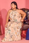 Shop_Mamicha_Beige Satin, Crepe Halter Neck Floral Dress _at_Aza_Fashions