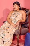 Buy_Mamicha_Beige Satin, Crepe Halter Neck Floral Dress _Online_at_Aza_Fashions