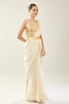 Samyukta Singhania_Off White Chinon Sequins Sweetheart Neck Golden Embellished Saree Set _at_Aza_Fashions