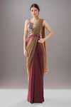 Buy_Samyukta Singhania_Maroon Chinon V-neck Pre-draped Saree Set _at_Aza_Fashions