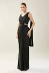 Shop_Samyukta Singhania_Black Chiffon Embroidery V-neck Blouse And Pre-draped Saree _Online_at_Aza_Fashions