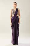 Shop_Samyukta Singhania_Purple Chinon Embroidery V-neck Pre-draped Saree Set _Online_at_Aza_Fashions