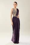 Buy_Samyukta Singhania_Purple Chinon Embroidery V-neck Pre-draped Saree Set 