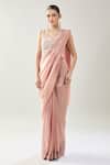Buy_Samyukta Singhania_Pink Crepe Embroidery Sweetheart Neck Pre-draped Saree Set 