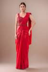 Buy_Samyukta Singhania_Red Chinon Embroidery Scoop Neck Pre-draped Saree Set _at_Aza_Fashions