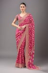 Buy_Kalighata_Pink Tassels, Beads V-neck Rani Bandhej Saree Set _at_Aza_Fashions
