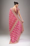Shop_Kalighata_Pink Tassels, Beads V-neck Rani Bandhej Saree Set _at_Aza_Fashions