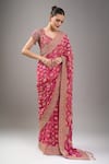 Buy_Kalighata_Pink Tassels, Beads V-neck Rani Bandhej Saree Set _Online_at_Aza_Fashions