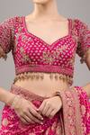Shop_Kalighata_Pink Tassels, Beads V-neck Rani Bandhej Saree Set _Online_at_Aza_Fashions