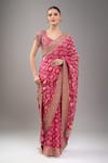 Kalighata_Pink Tassels, Beads V-neck Rani Bandhej Saree Set _at_Aza_Fashions