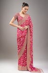 Kalighata_Pink Zari, Embroidery, Beads V-neck Rani Bandhej Saree With Blouse _Online_at_Aza_Fashions